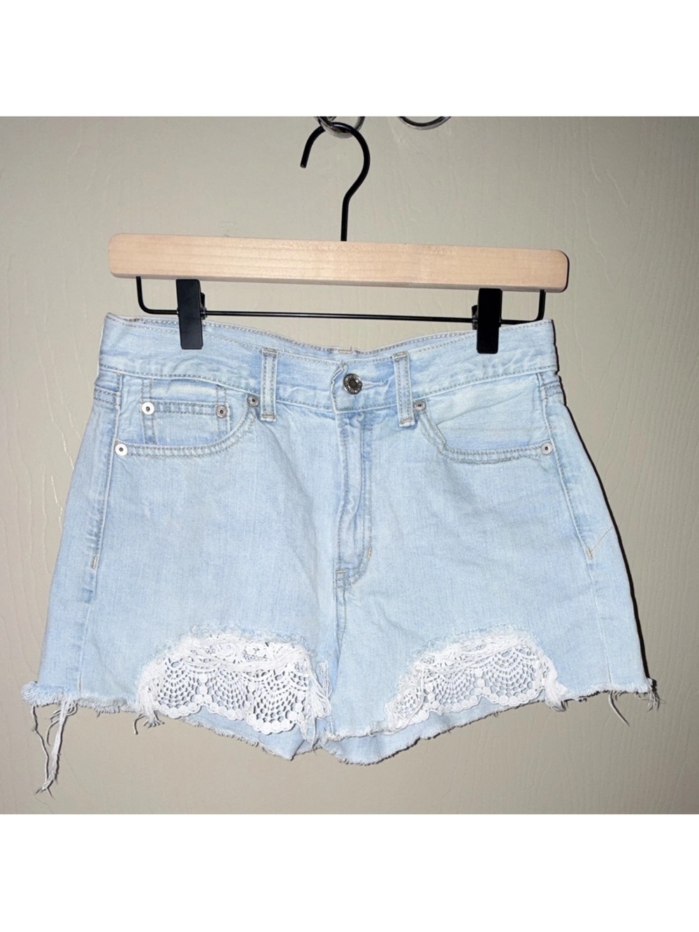 American Eagle Outfitters Light Wash Denim Shorts with White Lace Trim